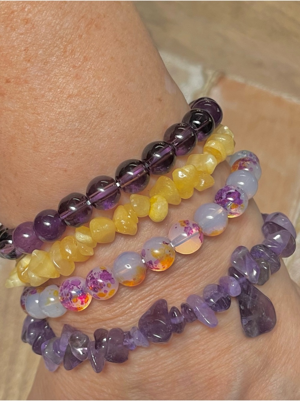 Purple and Yellow Mixed Gemstone Bracelet Stack